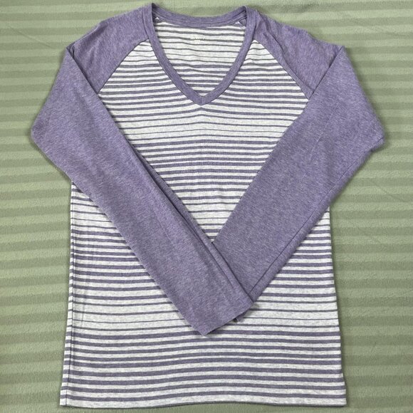 Segments Shirt Womens Medium Purple Gray Striped Long Sleeve V Neck Raglan Soft - Picture 1 of 6